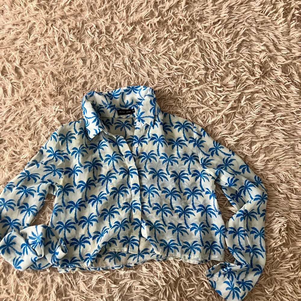 Sister Jane Blue and White Leaf Print Shirt